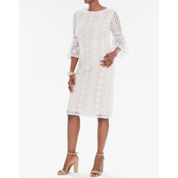 Chico's Size 3 = XL/16 Navy Blue Lace Shift Dress Bell Flare Sleeves Wedding - Picture 7 of 8